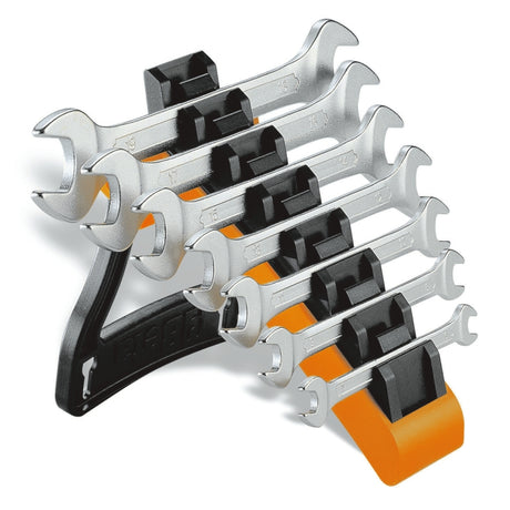 Set of 7 double open end wrenches with support